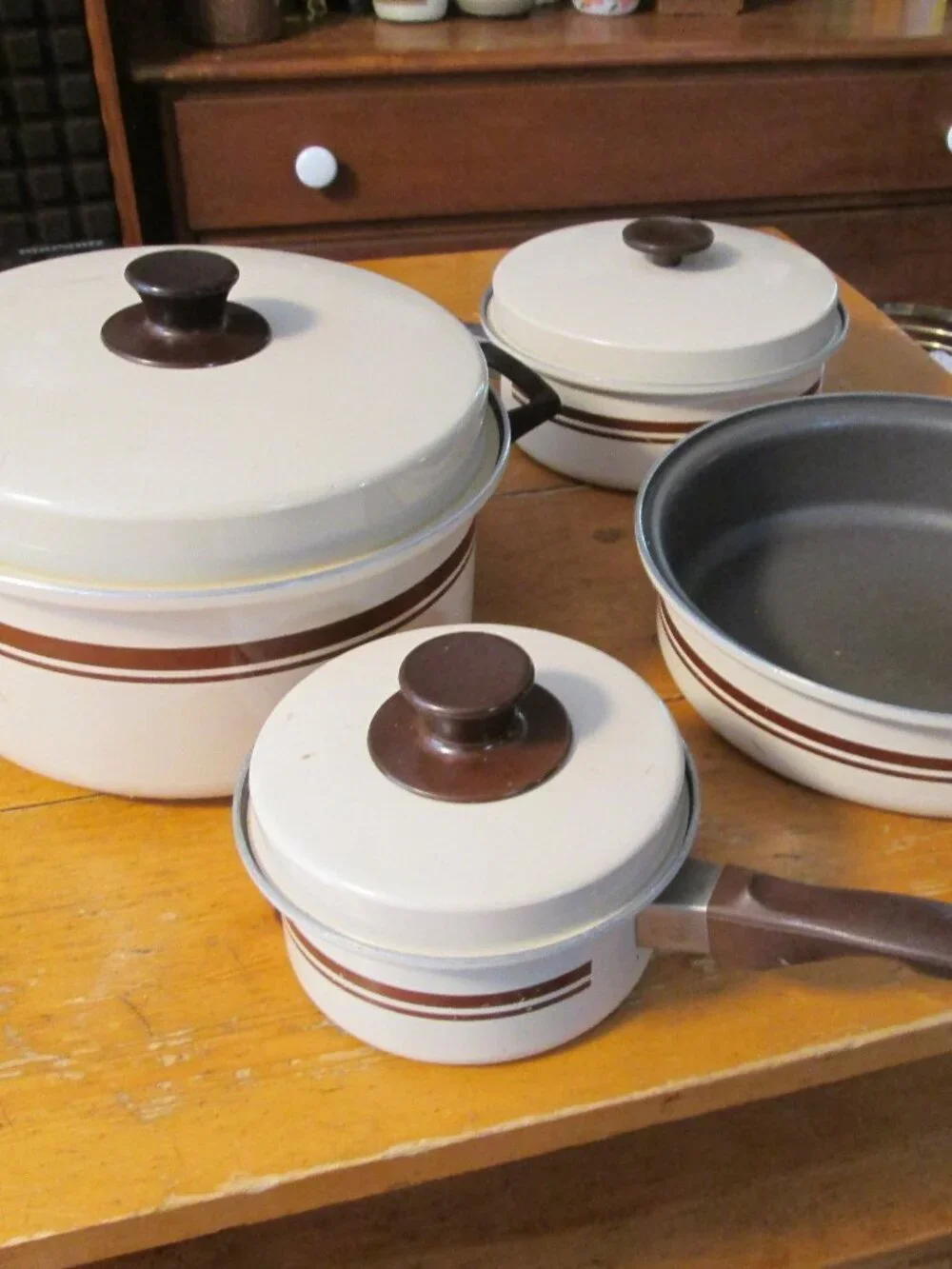 70s boho Mirro almond brwn stripe pots pan set 7 pc